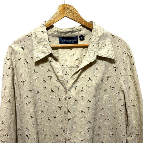 Susan Graver Womens Beige Eyelet Button Blouse 2X Cotton Boho Cottagecore Mature - Picture 6 of 8